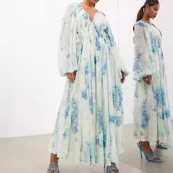 Elegant Maxi Dresses Summer Women's Dress Sexy Deep V-neck Full Lantern Sleeve Fold Elastic High Waist Drawstring Print Dress