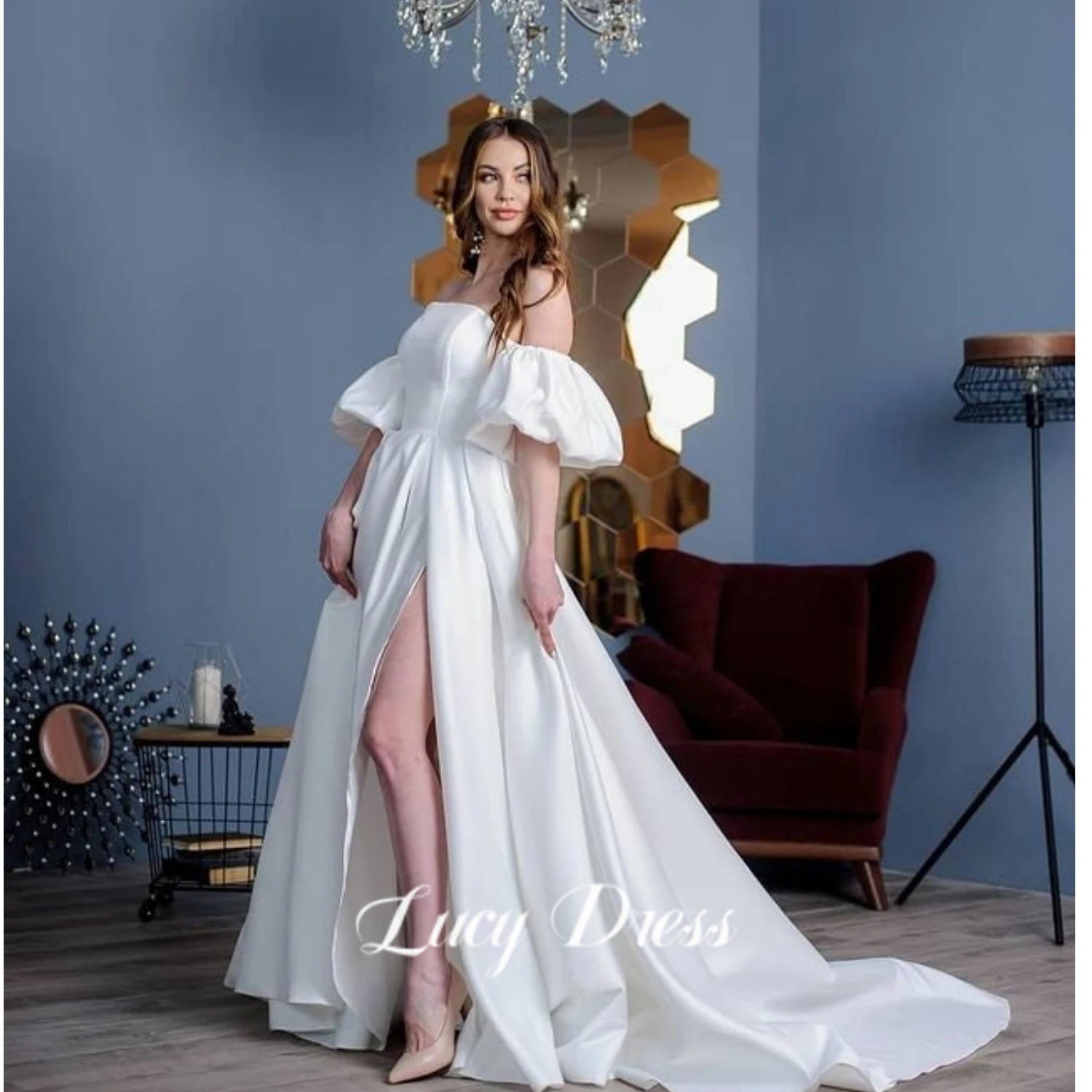 Lucy  Removable Puff Sleeve Satin Wedding Dress High Slit Side A-line Simple Styles Bridal Dress with Court Train