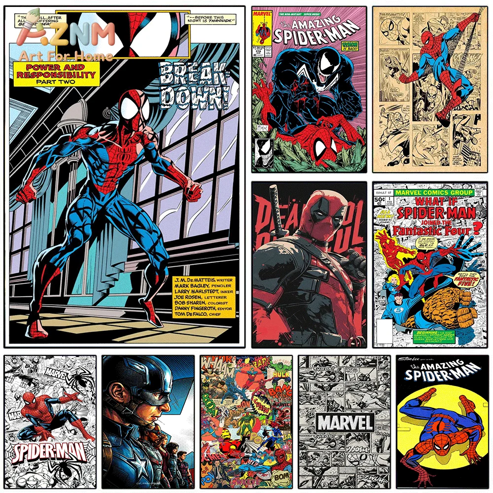 AZNM Spiderman Standing City Building Window Comic Panel Canvas Wall Print, Retro Comic Book Page Speech Bubble Graphic Art Po