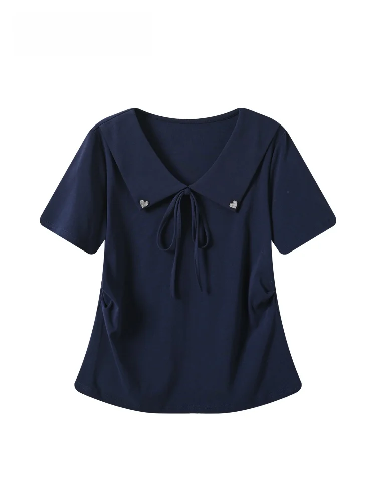 

plus Size Women's Short Sleeve T-Shirt Summer New Style Flattering Hide Meat Versatile Shoulder Flip Collar Top Gentle Style