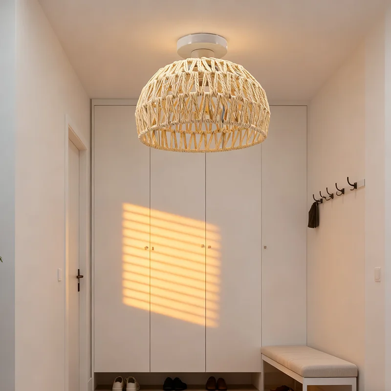 مزرعة الروطان مصباح السقف المنسوجة الخشب الصلب فلوش جبل ضوء لغرفة النوم غرفة المعيشة ديكور المنزل الريف