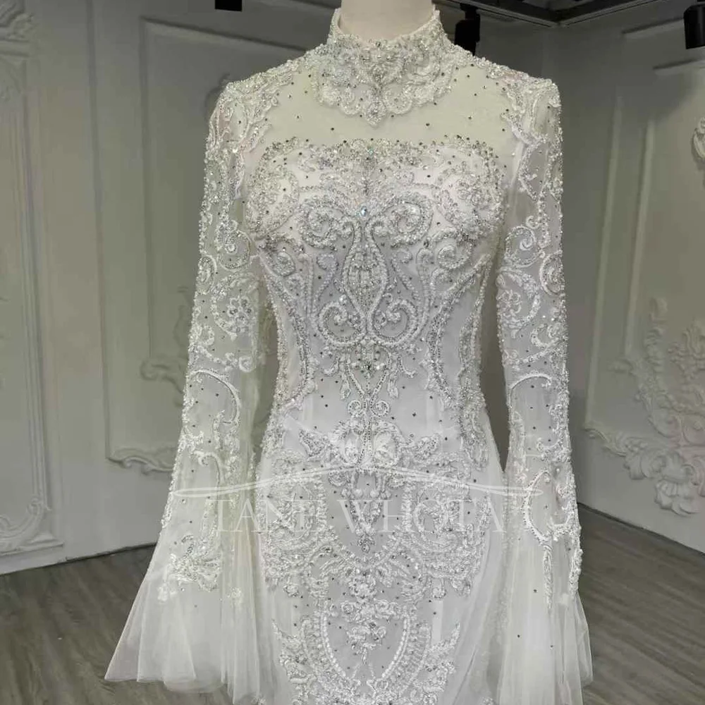 Abito Sposa High Long Sleeve Lace Up Keyhole Back Wedding Dress Detachable Train Crystal Embroidery Bow Classic Bridal Dress