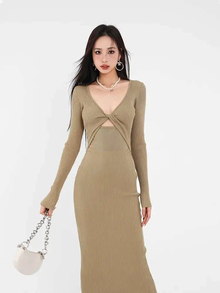 

И американский европейский стиль, пикантное вязаное платье для девочек, женское осенне-зимнее облегающее базовое платье-свитер, однотонное P5QD