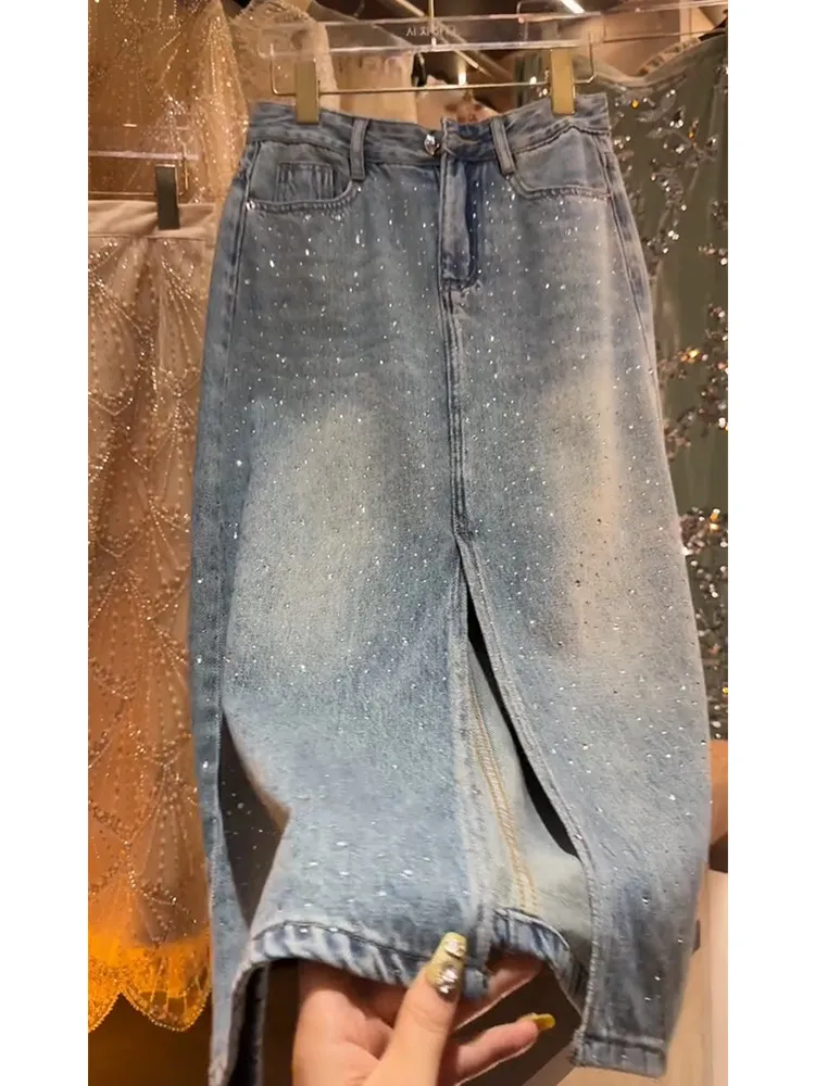 Sparkly Rhinestone Denim Long Skirt for Women High Waist A-Line Glitter Embroidered Maxi Jean Skirt Casual Summer Party Bottoms