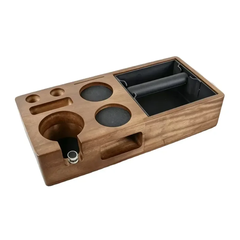 Solid Wood Coffee Station Organizer with Removable Grounds Box Dual 51mm 58mm Portafilter Holder Rack for Hand Brew Espresso