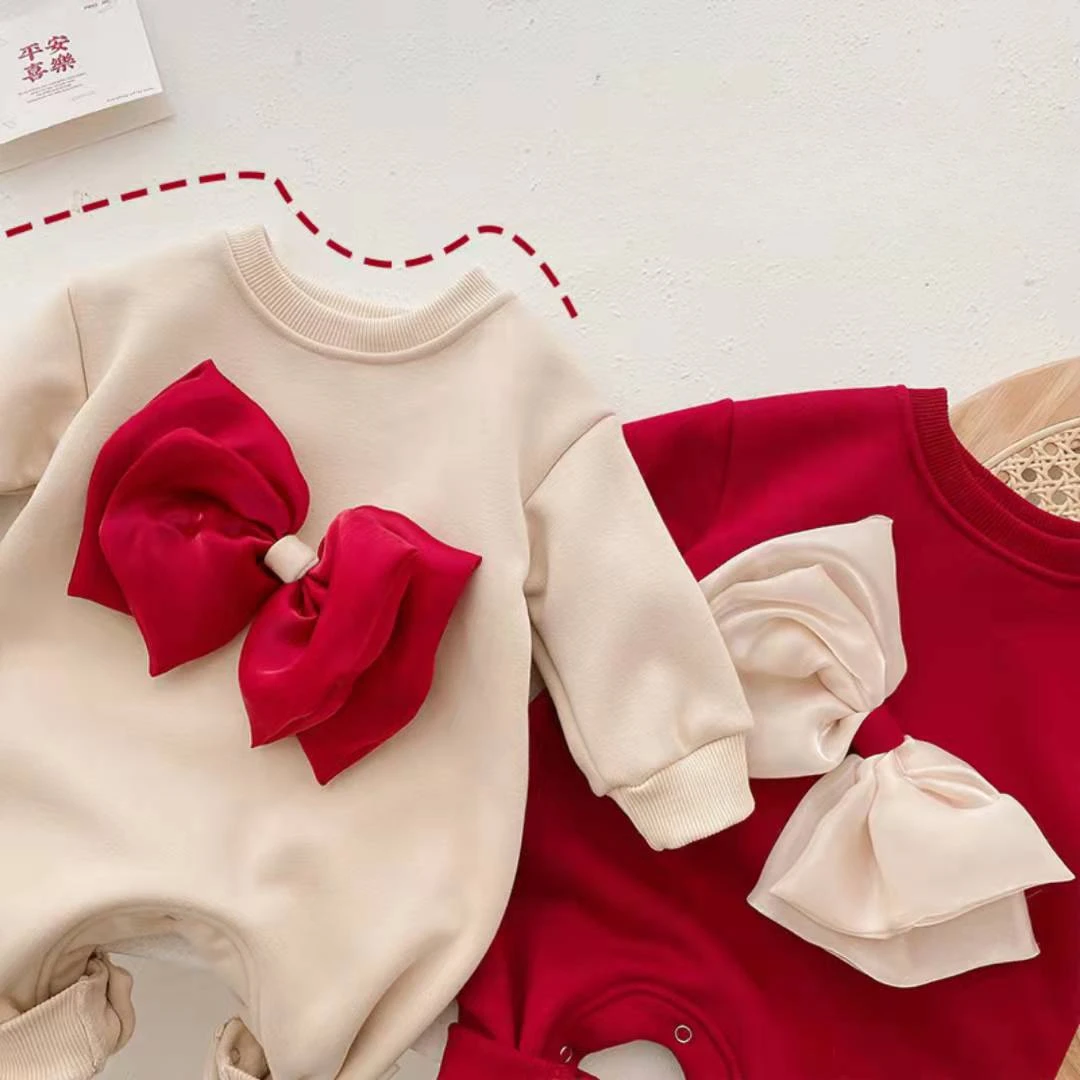 Korean Baby Clothing Newborn Fleece Jumpsuit Autumn and Winter Baby Warm Clothes Girls Bow Sweet Cute Long Rompers