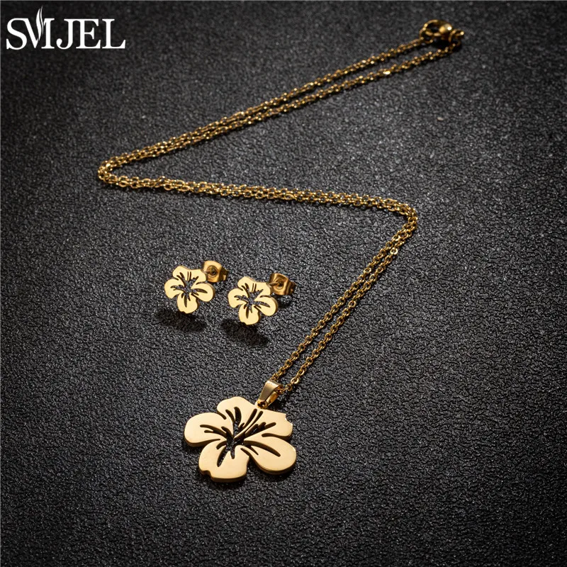 SMJEL Stainless Steel Lily Flower Necklace Women Girls Golden Jewelry Sets Trendy Datura Cherry Blossom Earrings Wedding Gift