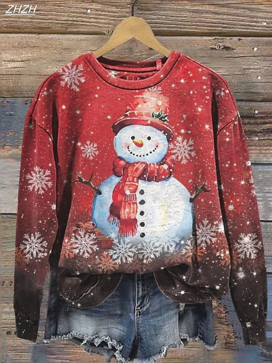 بلوزات عيد الميلاد النسائية جرافيك كلاسيكي كاجوال بأكمام طويلة ورقبة دائرية، ملابس علوية عادية للشارع، ملابس يومية كاجوال مطبوعة لخريف وشتاء