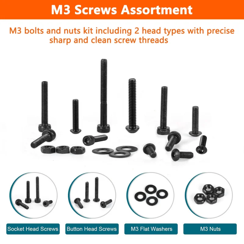 Imagen 6: Kit surtido de tornillos M3 de 1590 piezas: tornillos de cabeza de botón y casquillo hexagonal negro de grado 12,9/10,9 con tuercas |   Acero de aleación de alta resistencia