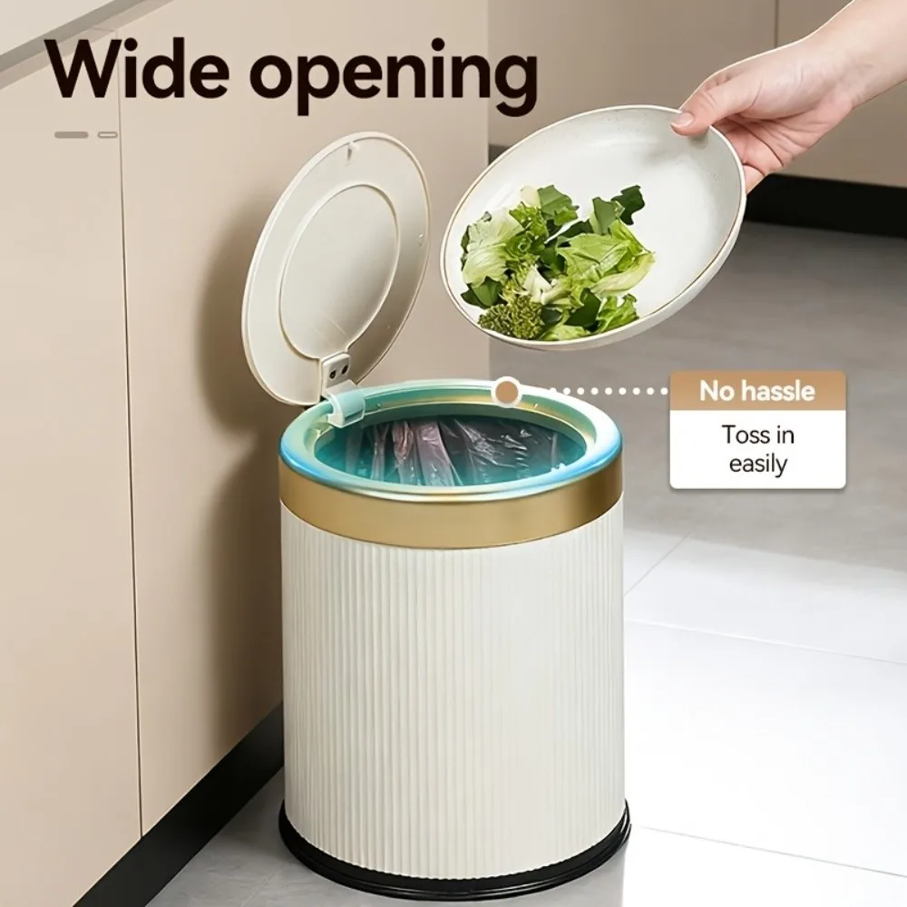 Luxury Press Type Kitchen Trash Can Odor-Sealing Gold Rim 12L Garbage Bin Ridged Body Round Living Room Dustbin Home Office