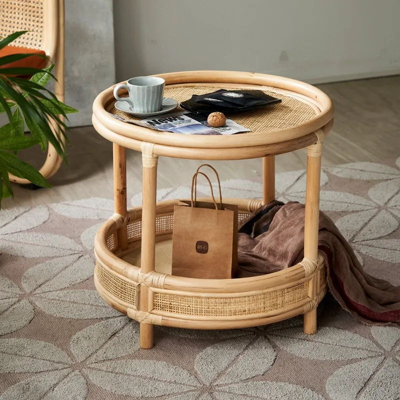 Modern Minimalist Rattan-Woven Round Table – 2-Tier Storage for Living Room & Balcony