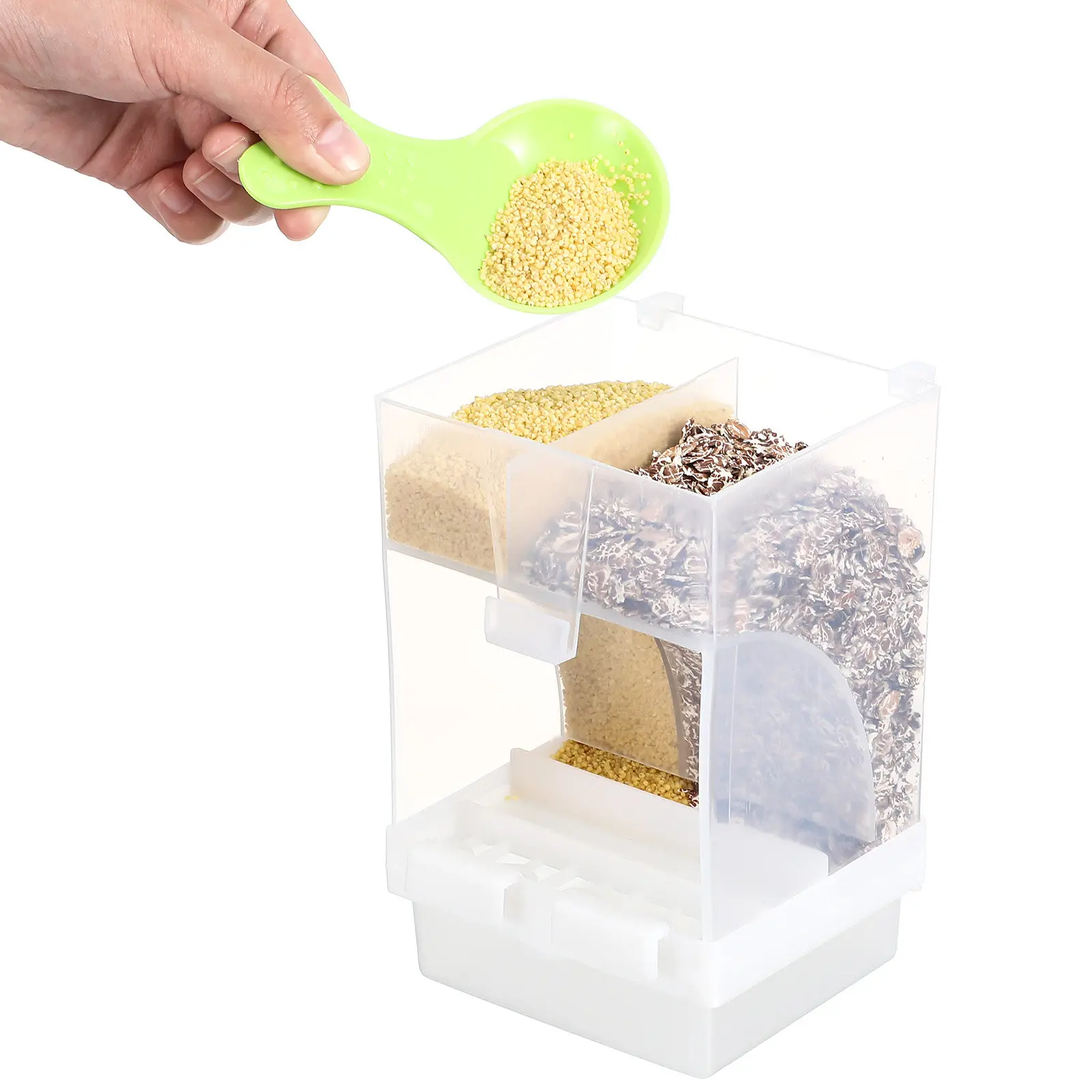 

Набор из 1 прозрачной автоматической кормушки для птиц, контейнер для корма для попугаев, аксессуары для клетки, ложка, два отсека, простая установка, прочная конструкция