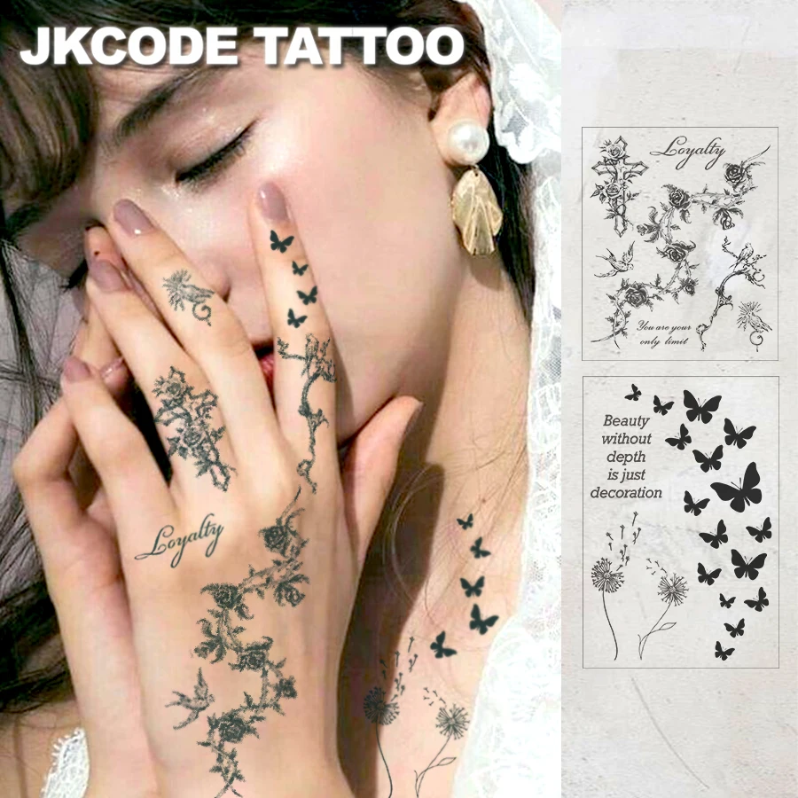 2-Piece Set of Waterproof Henna Tattoo Stickers, Suitable for Hands, Semi-Permanent Tattoos, Dandelion, Fairy, Hibiscus Flower, Butterfly Designs, Realistic Waterproof, Plant-Themed Hand-Painted Tattoos, Magic Tattoo Series, Lasts for 1-2 Weeks, Exclusively for Women