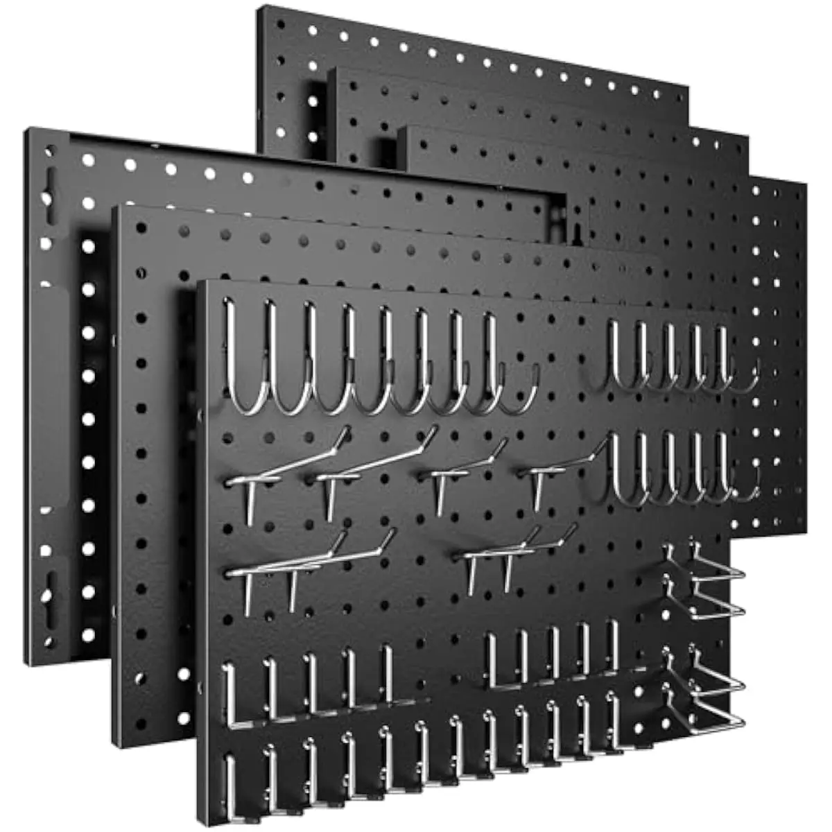 Metal Pegboard Set 6 Panels 16x12 Inch Powder Coated Black Steel Wall Organization System with 50 Hooks 1/4 Inch Hole Spacing 50