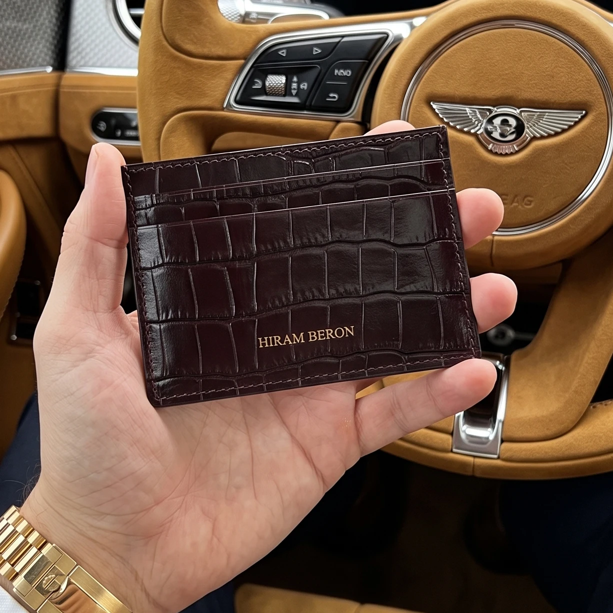 Hiram Beron Personalised Your Credit Card Holder Genuine Leather Crocodile Pattern Compact Wallet Case Gift for Father Friend