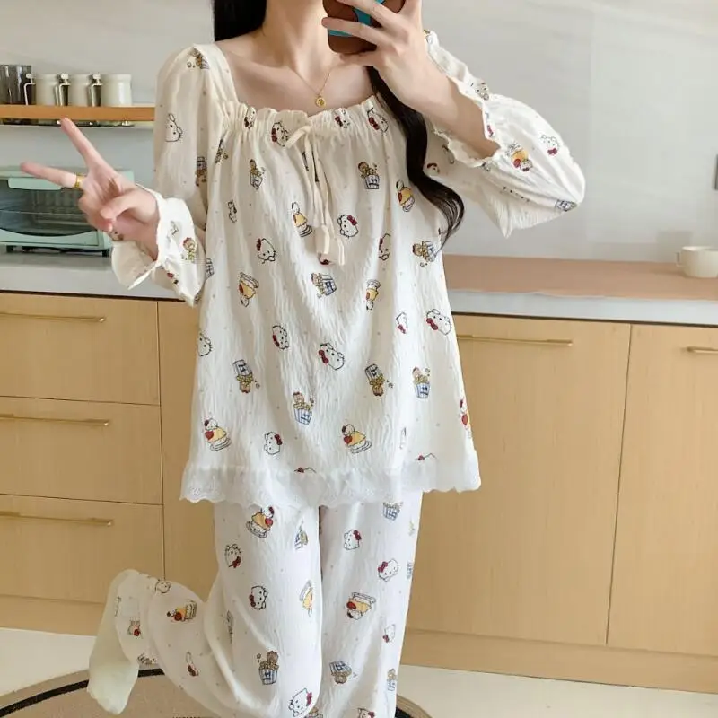 

Sanrio Hello Kitty женские пижамы Kawaii мультфильм студенческие зимние тонкие стильные длинные рукава длинные брюки облако хлопок комплект домашней одежды