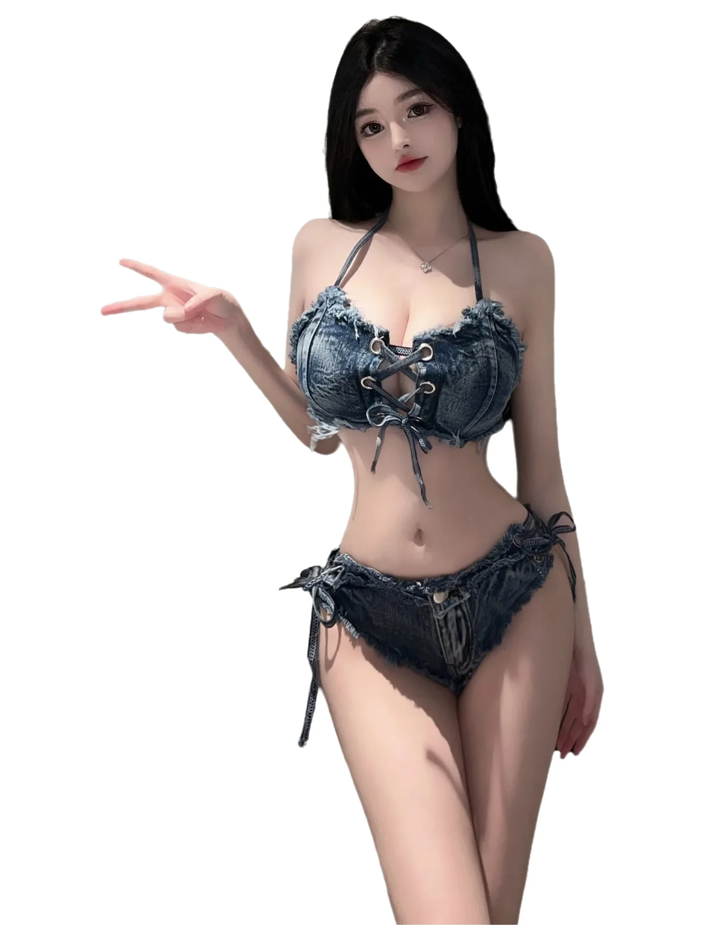 

Hotsweet Sexy Spicy Girl Strap Hot Pants Denim Set Temperament Summer Beach Dress Backless Y2k Hipster Patchwork Fashion QT0F