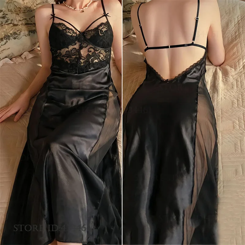 Sexy Hollow Out Long Nightgown Chemise Sleepwear Women's Lingerie Summer New Suspender Night Dress Ice Silk Homewear Loungwear 2