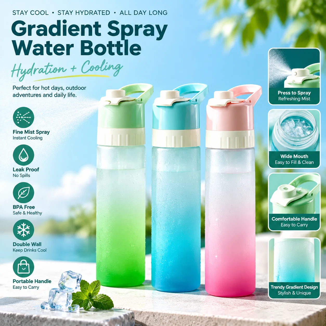 Gradient Misting Sports Water Bottle 2in1 BPA Free Plastic Spray Flask Leak Proof For School Gym Outdoor Running Drinking Cup