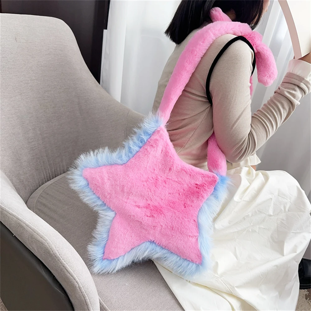 New Plush Shoulder Bag Five-pointed Star Zipper Handbag Autumn Winter Sweet Cool Girl Y2K Casual Satchel Coin Purse Cosplay Prop