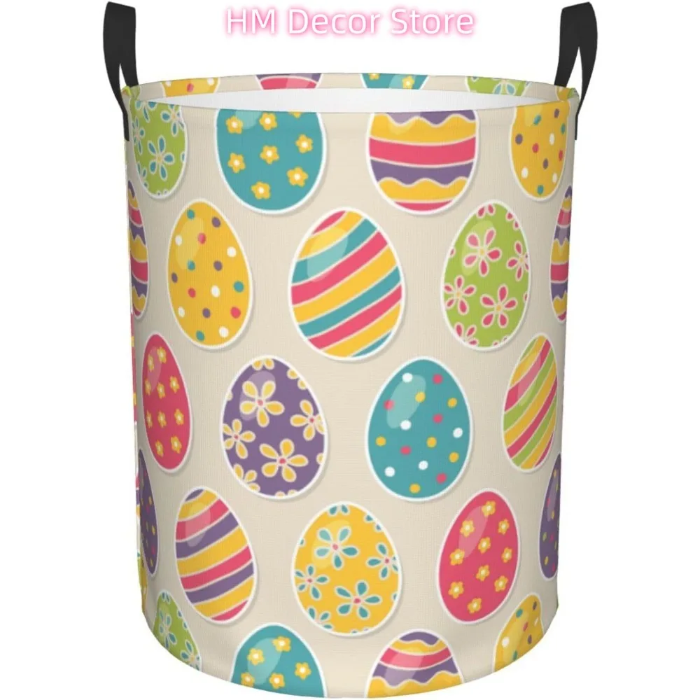 Easter Color Eggs Laundry Basket with Handle Waterproof Collapsible Cloth Hamper Round Storage Basket for Bathroom Bedroom Colle