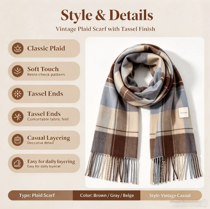 Plaid Tassel Scarf, Classic Check Shawl with Soft Fabric for Daily Wear and Casual Outings