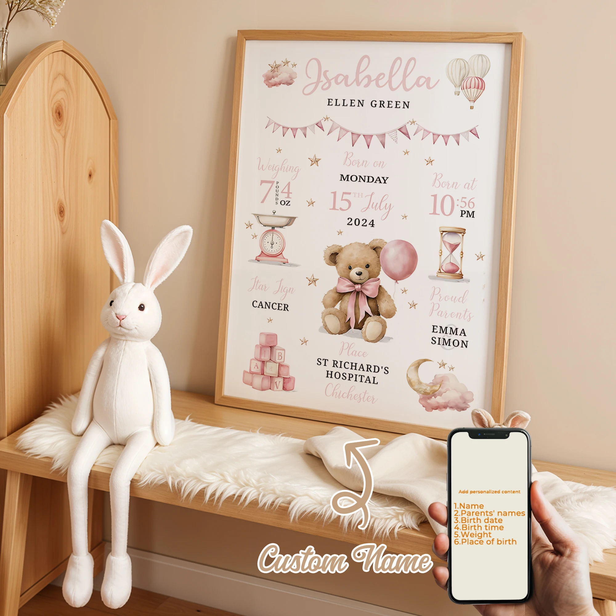 Personalisierter, individueller Cartoon-Kindergeburtsgeschenk-Wandkunstdruck, Bild auf Leinwand, Poster, Gemälde für Wohnzimmer, Heimdekoration