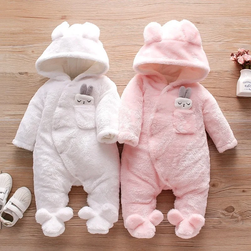 Cute Rabbit Baby Girls Romper Infant Girl Overall Jumpsuit Autumn Winter Hooded Baby Rompers 0-18 Months Newborn Kids Clothes