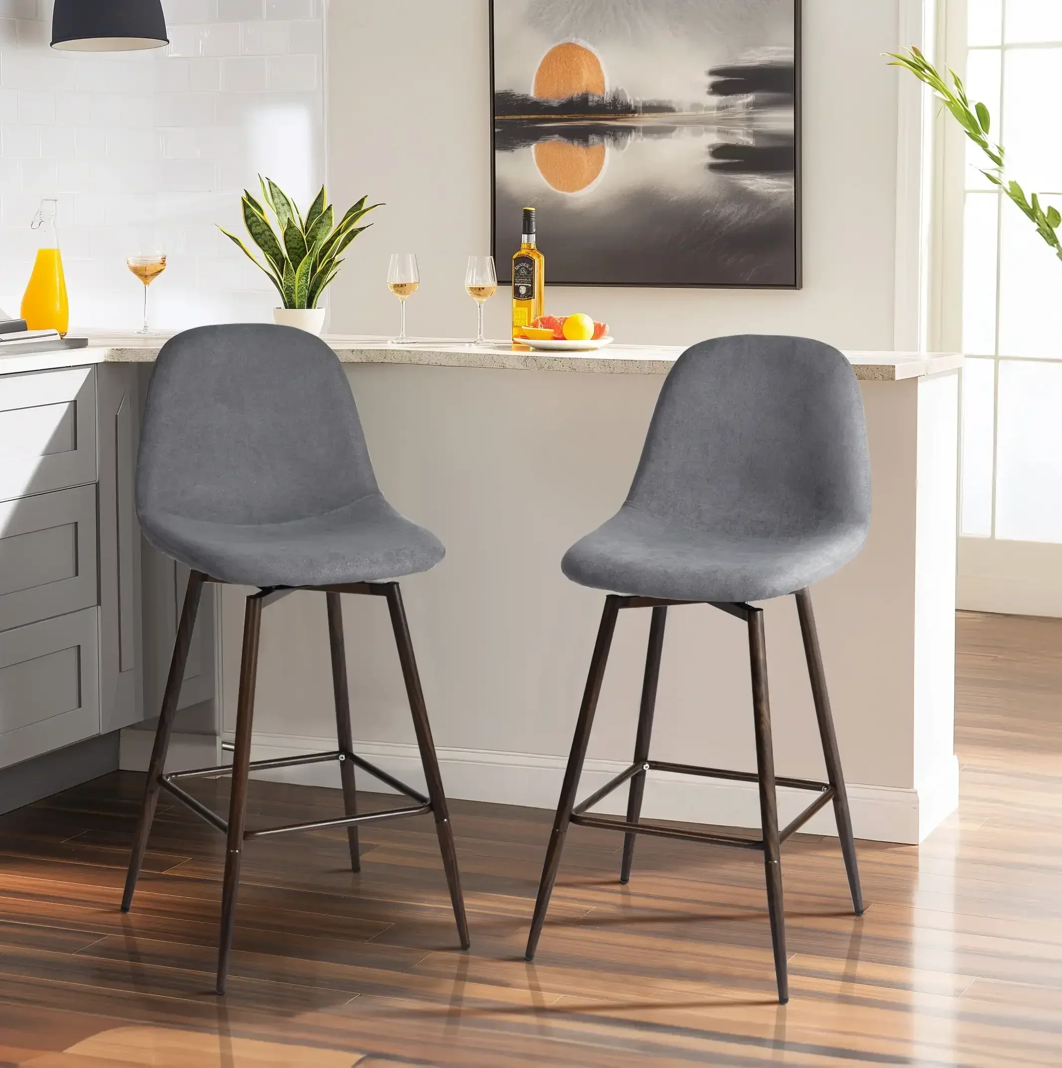 

26" Counter Height Bar Stools Set of 2, Swivel Stools for Kitchen Island, Dark Grey