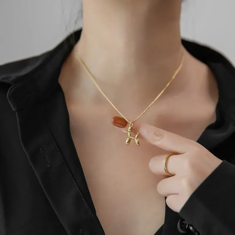 New Trendy Silver Color Cute Balloon Dog Pendant Necklace for Women Men Punk Hip Hop Creative Animal Couple Jewelry Wholesale
