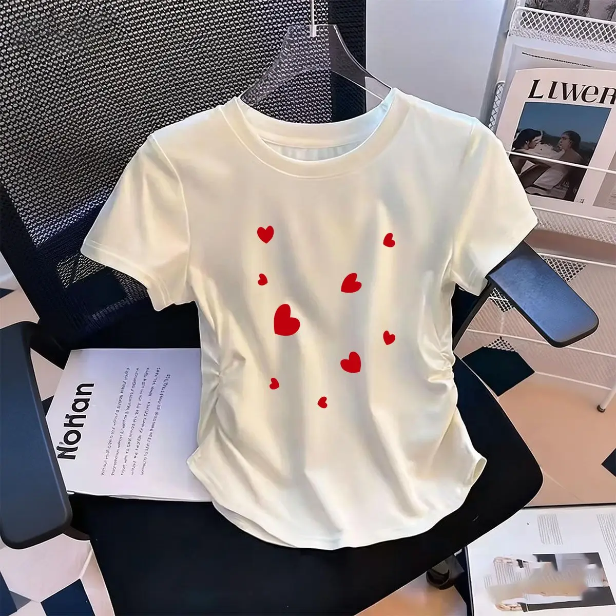 Women's Waist-Defining Elastic T Shirt Red Heart Pattern Printed Short Sleeve Round Neck Top Harajuku t-shirts