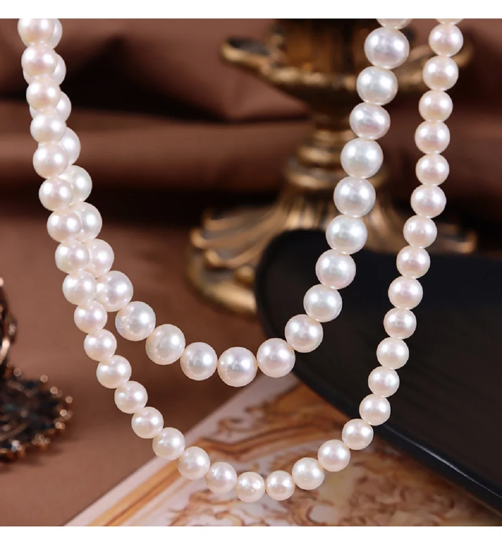 2 rows Natural Pearl Necklace AAA5-6mm+8-9mm Japanese Round Pearl Necklace 925s