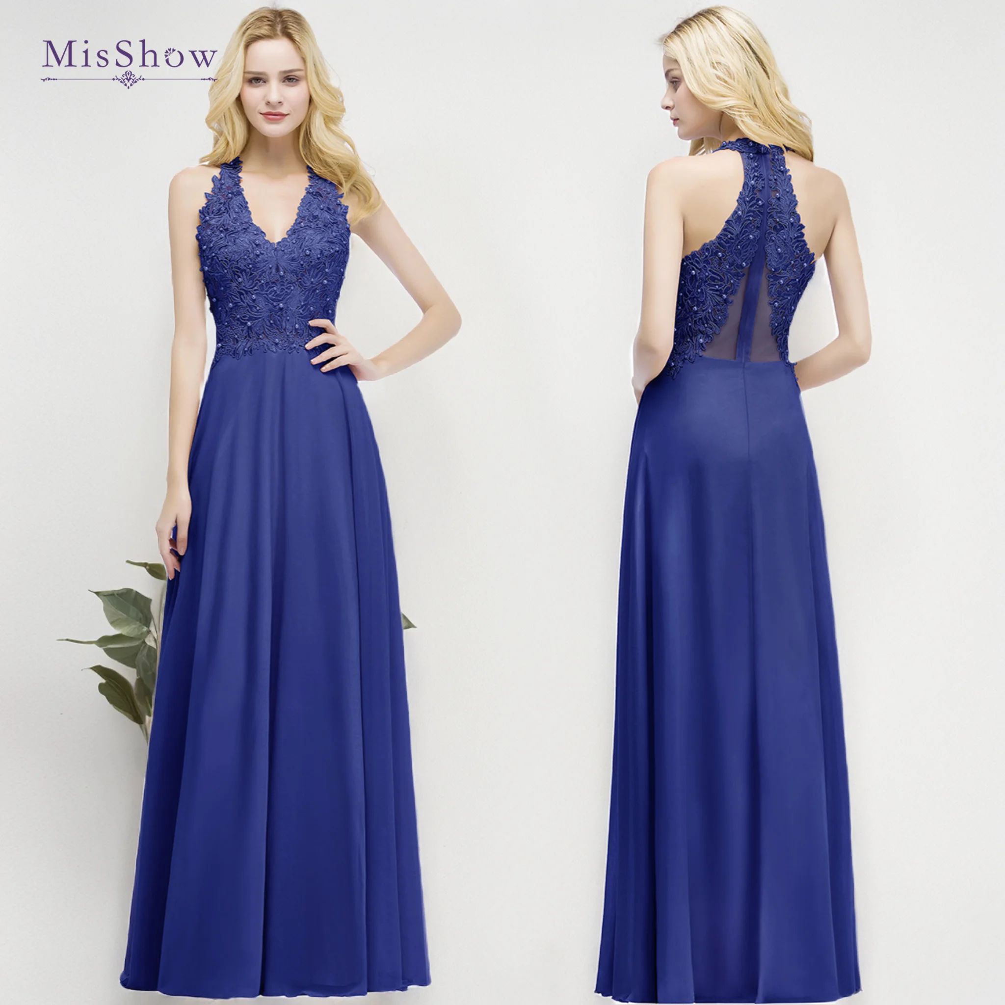 MisShow Long Royal Blue Bridesmaid Dresses Women Floor Length Lace Beaded Evening Maxi Gowns vestido gala Robes invitée mariage