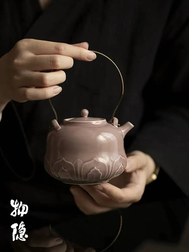 Wuyintang purple Red Ru Glaze Lotus Petal Handle Teapot For Home Use Vintage Brewing Pot Ceramic Ware Kung Fu Tea Set