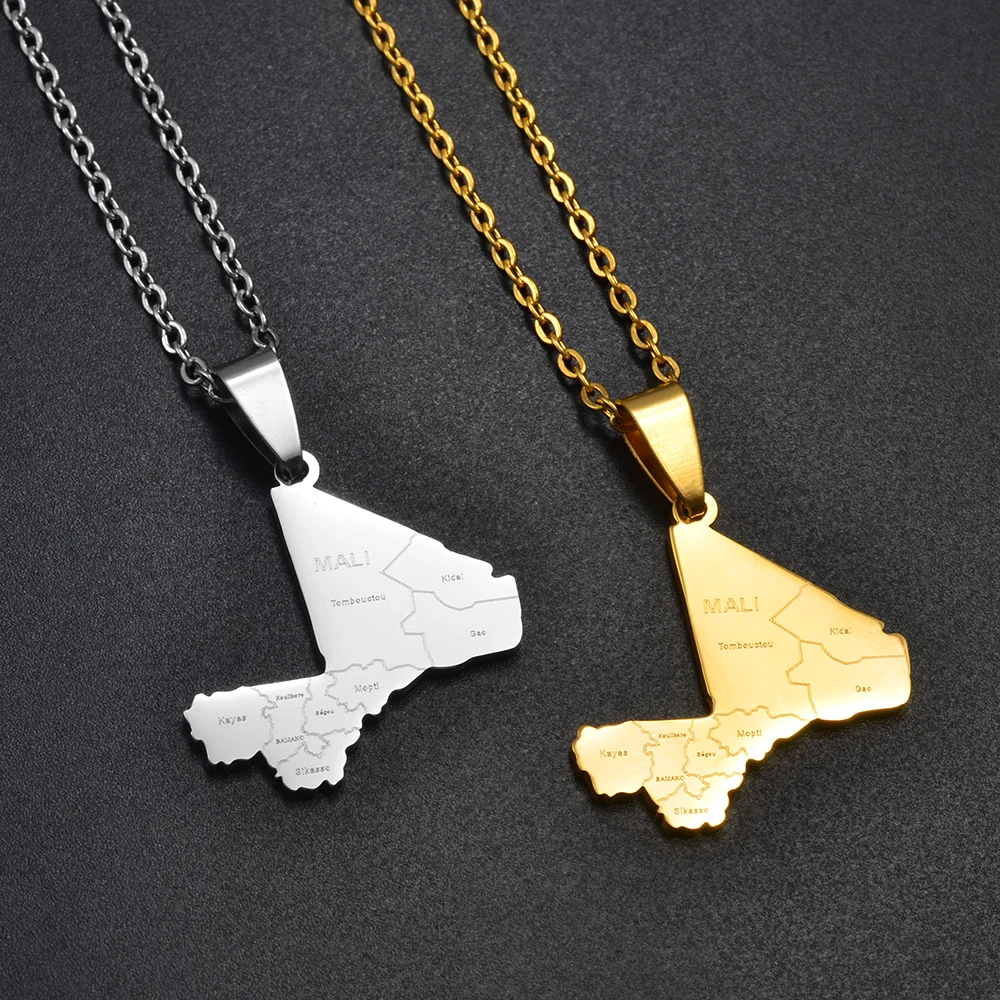 Anniyo Mali Map With Cities Pendant Necklaces Ethnic Jewelry Stainless Steel the Republic of Mali #312921