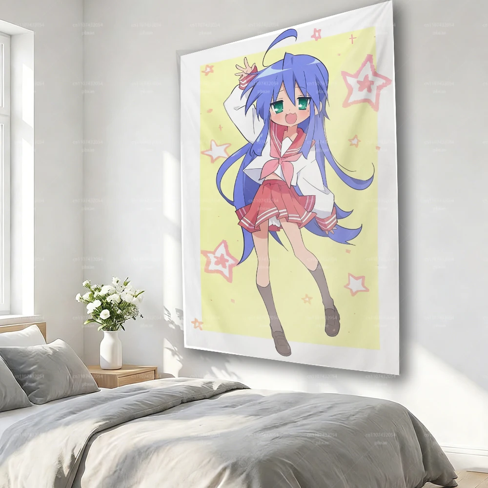Lucky Star Konata Izumi Anime Tapestry Wall Hanging, Blue Hair Sailor Girl Print Wall Cloth, Star Yellow Background Bedroom Dorm
