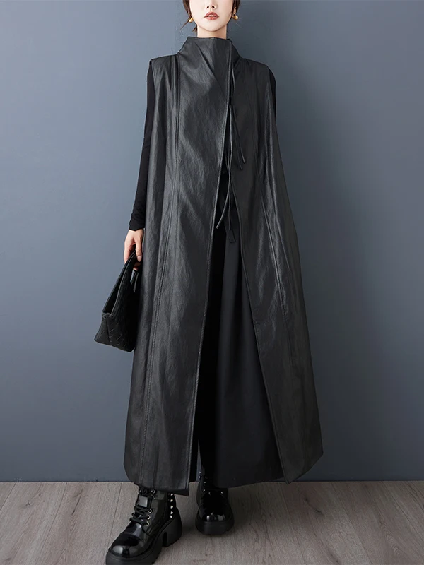 

Осенняя мода, длинный джемпер из искусственной кожи, свободный воротник-стойка, асимметричный дизайн, универсальный женский жилет, верхняя одежда