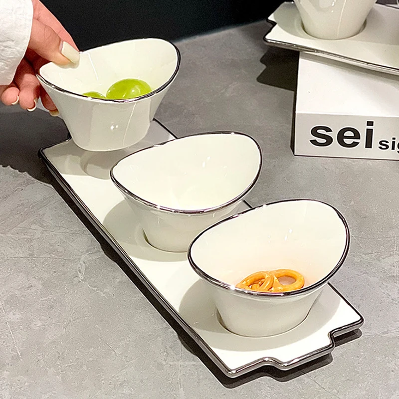 Creative White Ingot-shaped Ceramic Bowl Silver Dessert Bowl Ornaments Household Ceramic Dried Fruit Salad Bowl Tableware