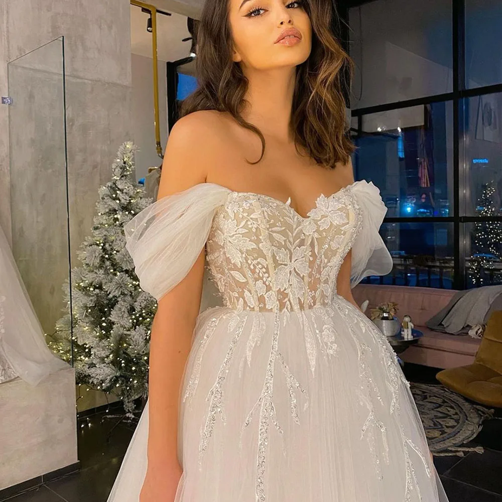 Off the Shoulder Boho Wedding Dresses Appliques Lace A-Line Tulle Bridal Gowns Customize To Measures Elegant Robe De Mariee