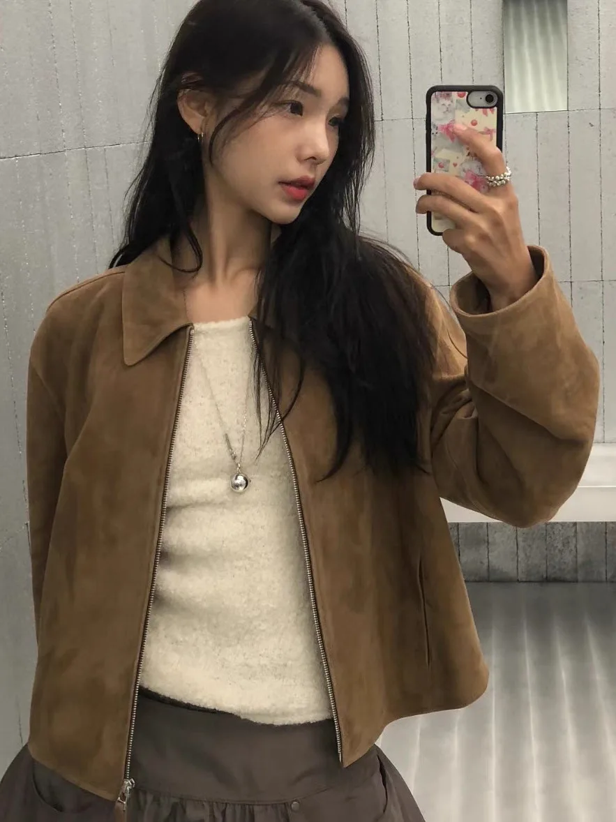 

Ele Retro Suede Jaet Women's Outerwear Spring Autumn New Sle Dongda Gate L*AS*C Commute Sle Loose Fit with kets