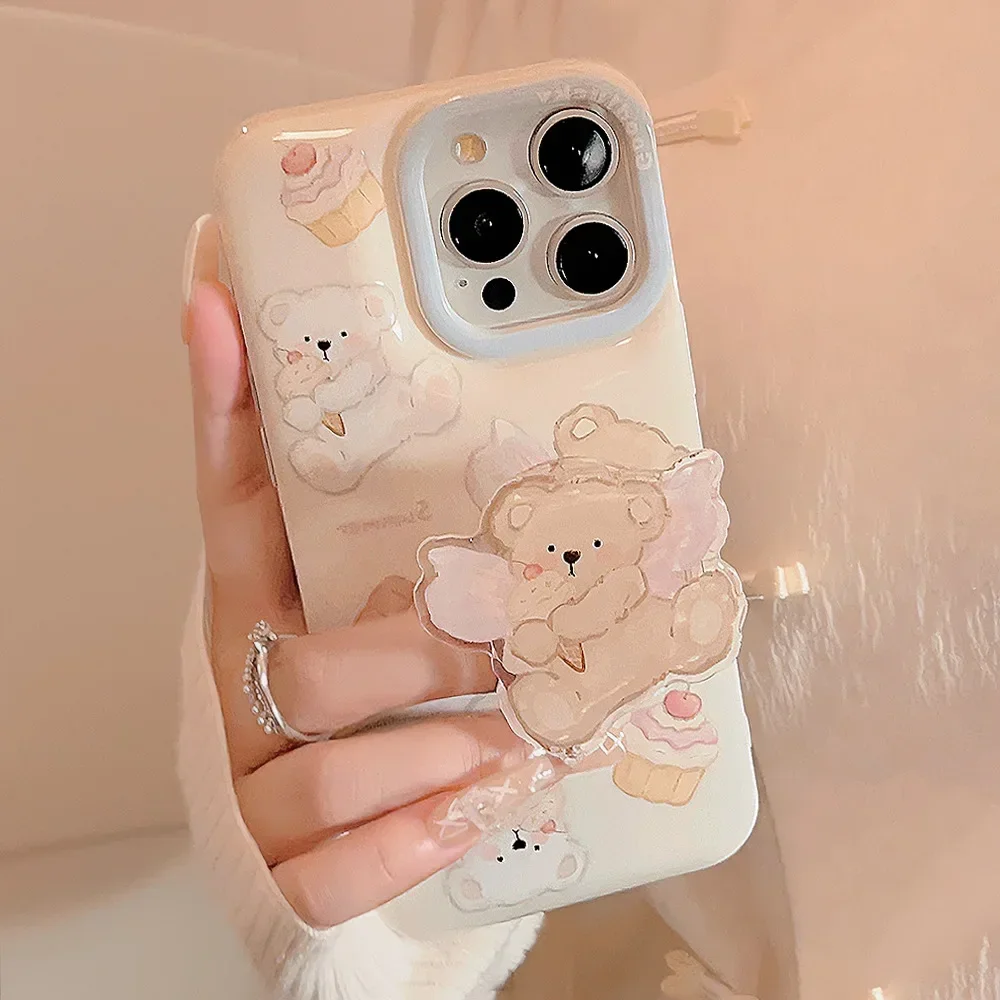 Korean Style Cartoon Ice Cream Bear Phone Case for IPhone16 15 14 12 13 11 Pro ProMax Plus X XR Shockproof Phone Cover