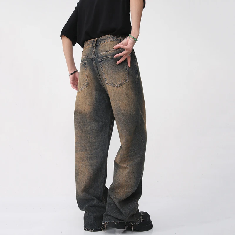 Celana Jeans Pria Vintage Baru Model Lurus Warna Gradasi Denim Usang Gaya Streetwear Celana Panjang Pria Kaki Lebar Sederhana Musim Semi