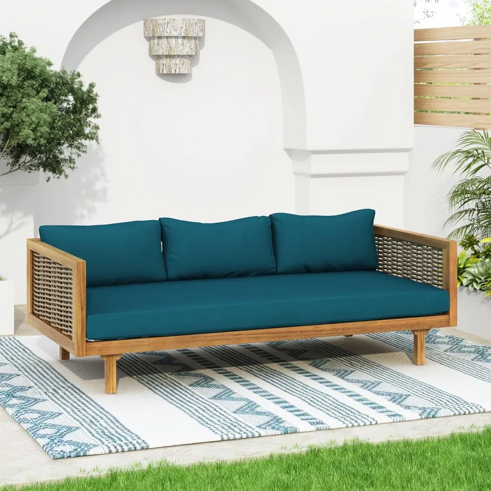 

Rattan Arms Outdoor 3 Seat Sofa Patio Furniture Set with Cushions Wood Frame Outdoor Couch for Garden Poolside