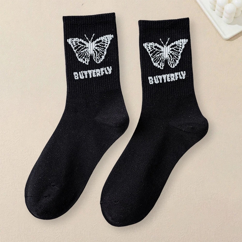 6 Pairs Women Butterfly Patterned Socks Creative Trend Fashionable Versatile Socks Lightweight Breathable Mid Length Socks