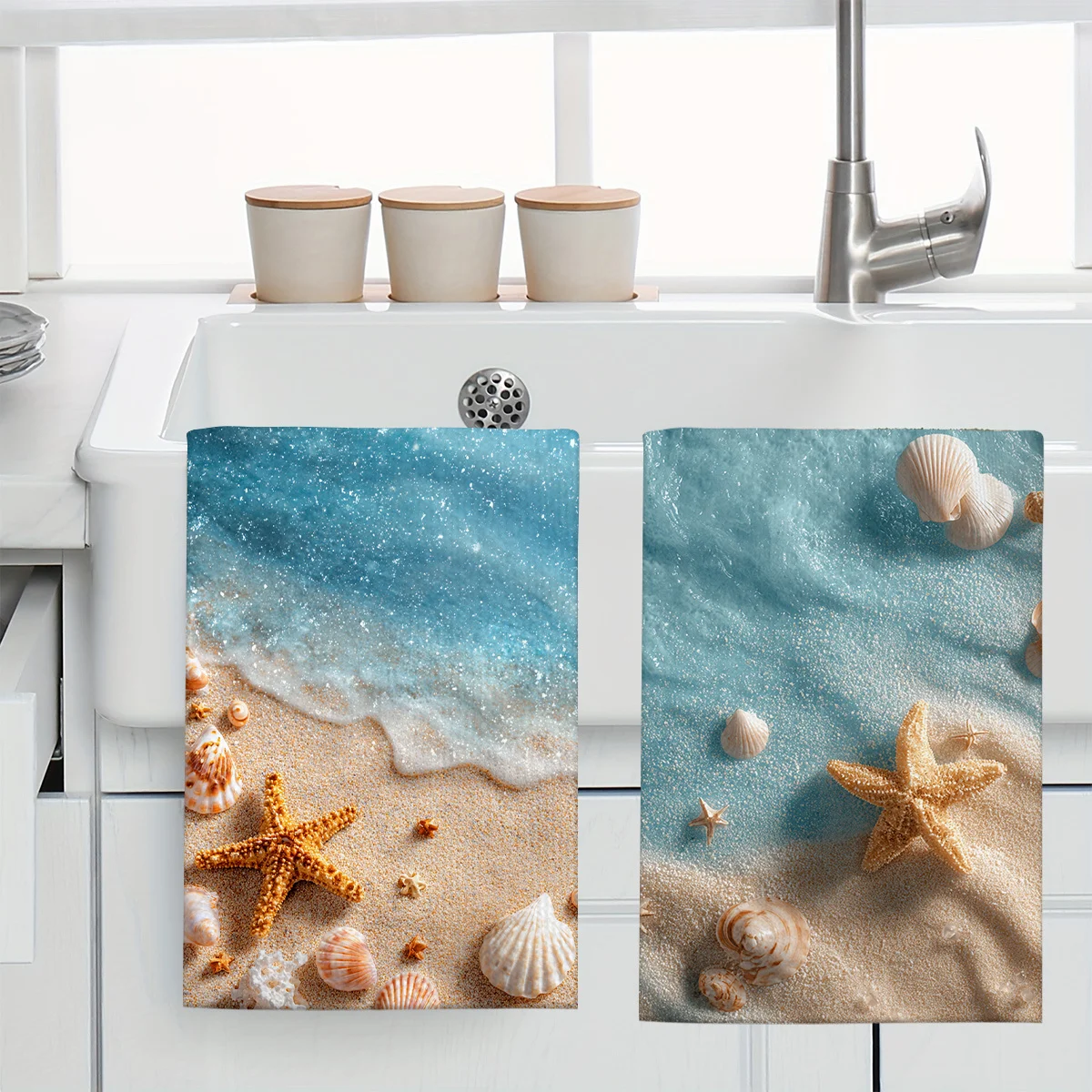 1pc Beach Starfish & Shell Printed Scrub Cloth,Soft Absorbent Kitchen Hand Towel,Perfect for Kitchen,Dining Room, Bathroom, Dorm