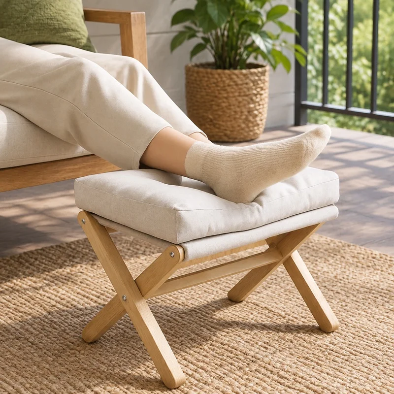 Wooden Folding Footstool with Plush Cotton Pad, Ideal for Living Room and Hallway Seating