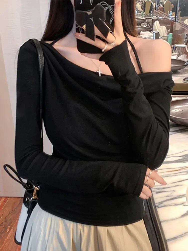 Pure Desire Atmosphere Long Sleeve Shoulder Bared T Shirt Women Autumn Winter Sle Casual Korean Version Slim Fit