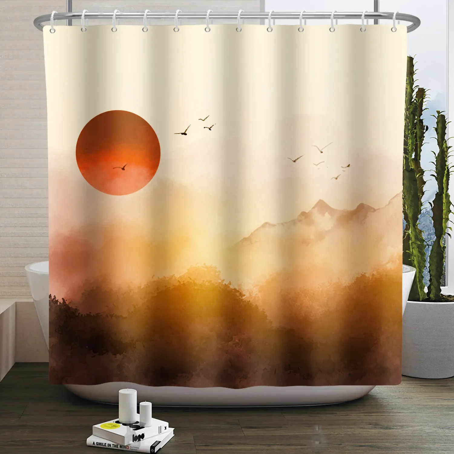 Japanese-style Sun Shower Curtain Sunset Landscape Fabric Bathroom Bath Curtains Partition Waterproof Bathtub Screen with Hooks