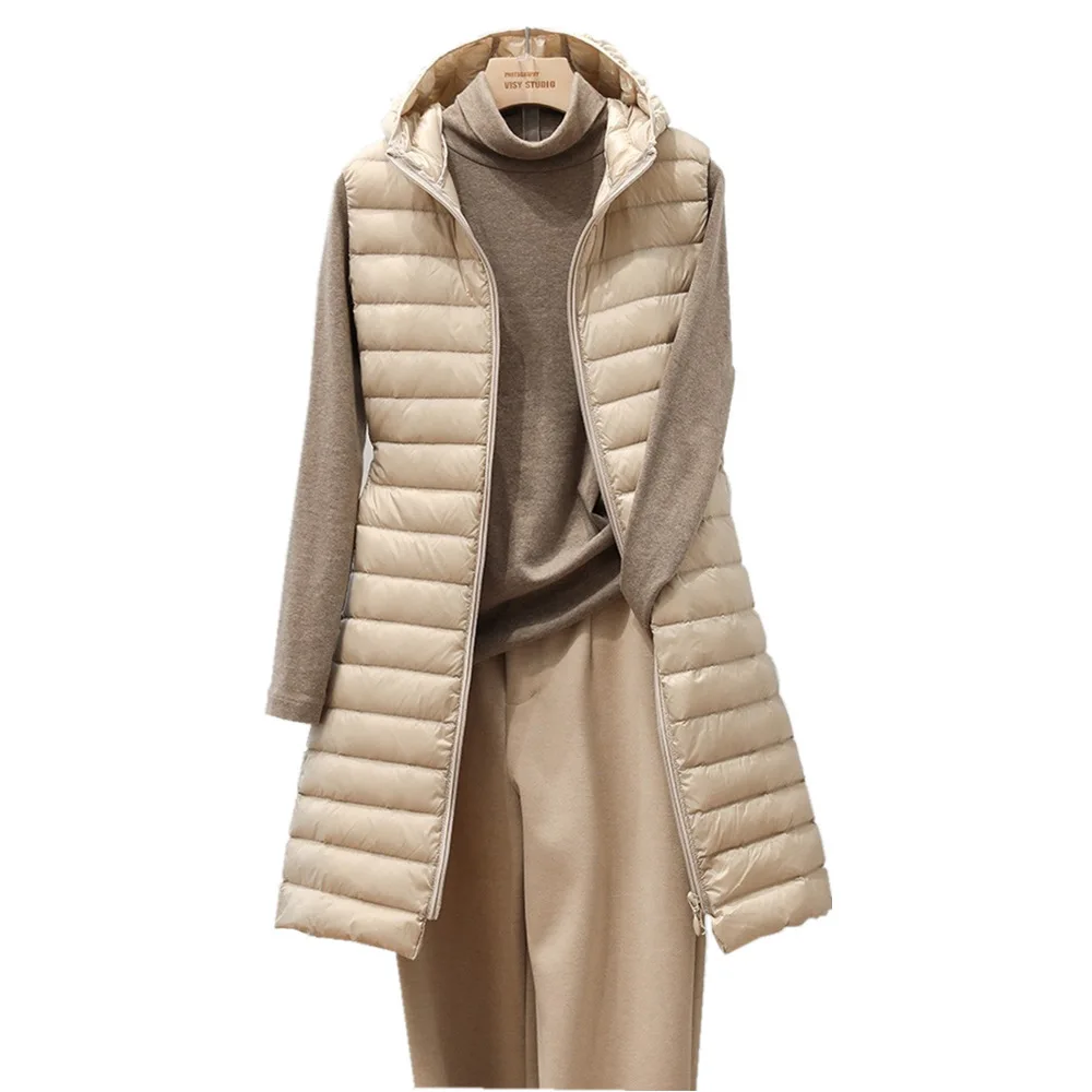 Dames style moyen et long couleur pure à capuche léger vers le bas coton gilet veste automne et hiver mince sans manches femmes Parkas gilet