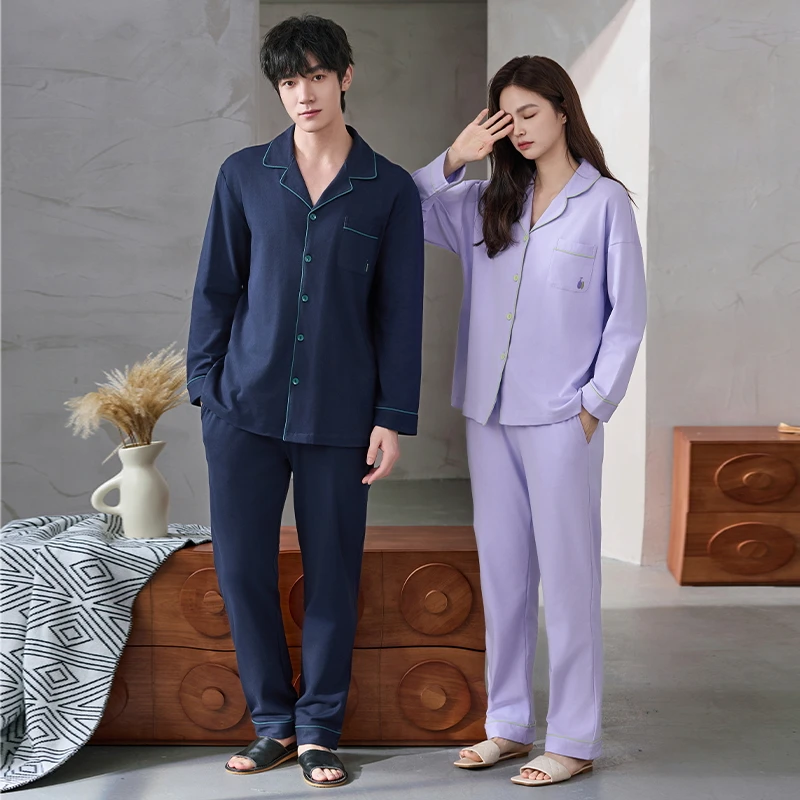

Newest Couple Pajamas Set Spring And Autumn 100% Cotton Pyjamas Women Men Turn-down Collar Solid Pijama